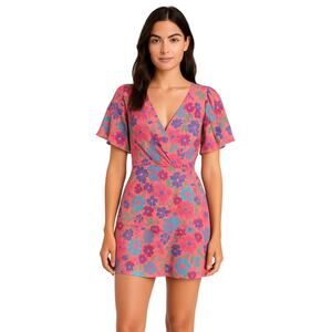 NWT Pink Lily Wrap Mini Dress Romper Floral Lace Up 60s 70s Vintage Vibes Print